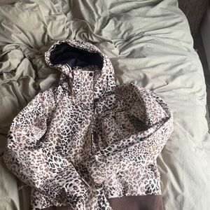Billabong Leopard-Print Hooded Ski Jacket in Cream, Brown & Black